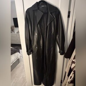 NWOT faux leather coat with tie
